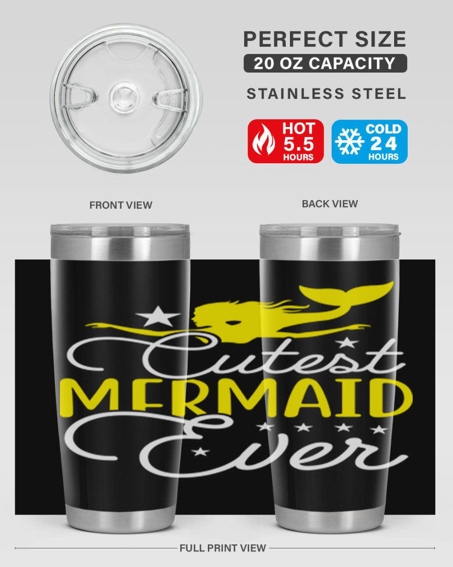 Cutest Mermaid Ever 92# tumbler featuring a vibrant mermaid design, double wall vacuum stainless steel construction, and a drink-thru lid.
