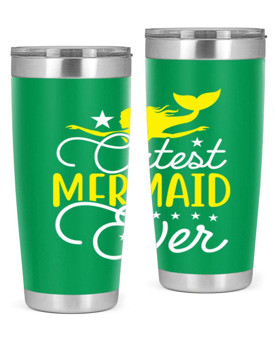 Cutest Mermaid Ever 92# tumbler featuring a vibrant mermaid design, double wall vacuum stainless steel construction, and a drink-thru lid.