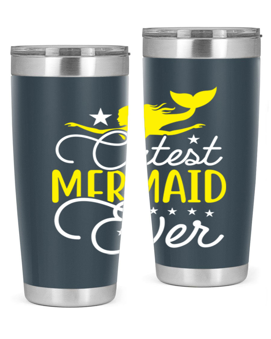 Cutest Mermaid Ever 92# tumbler featuring a vibrant mermaid design, double wall vacuum stainless steel construction, and a drink-thru lid.