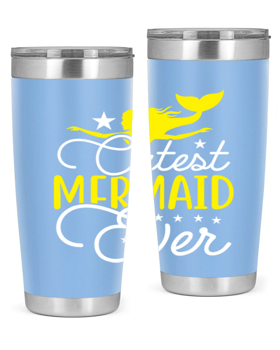 Cutest Mermaid Ever 92# tumbler featuring a vibrant mermaid design, double wall vacuum stainless steel construction, and a drink-thru lid.