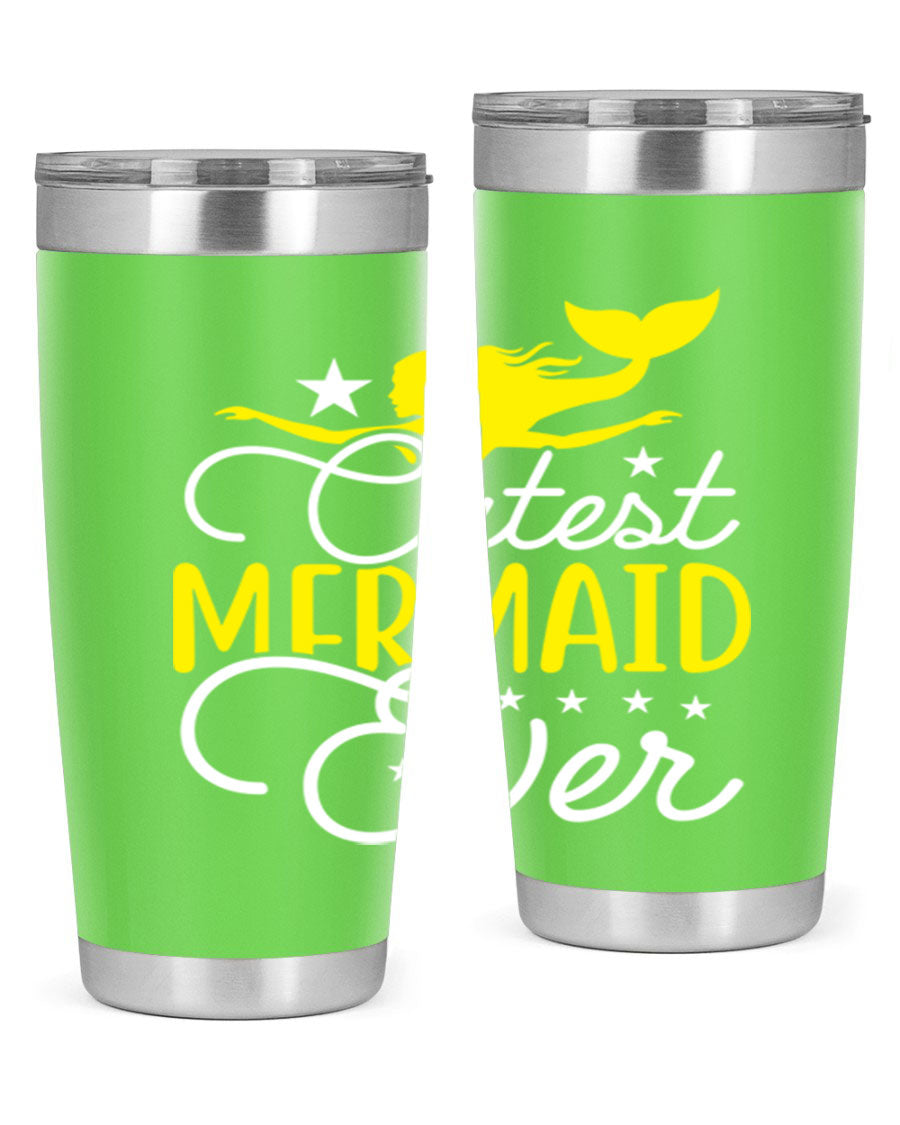 Cutest Mermaid Ever 92# tumbler featuring a vibrant mermaid design, double wall vacuum stainless steel construction, and a drink-thru lid.