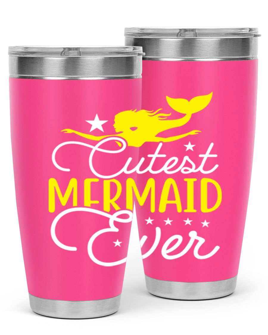 Cutest Mermaid Ever 92# tumbler featuring a vibrant mermaid design, double wall vacuum stainless steel construction, and a drink-thru lid.