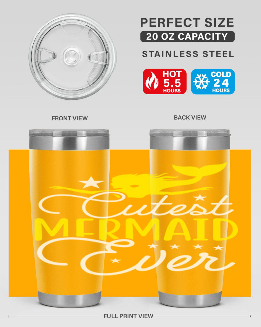 Cutest Mermaid Ever 92# tumbler featuring a vibrant mermaid design, double wall vacuum stainless steel construction, and a drink-thru lid.