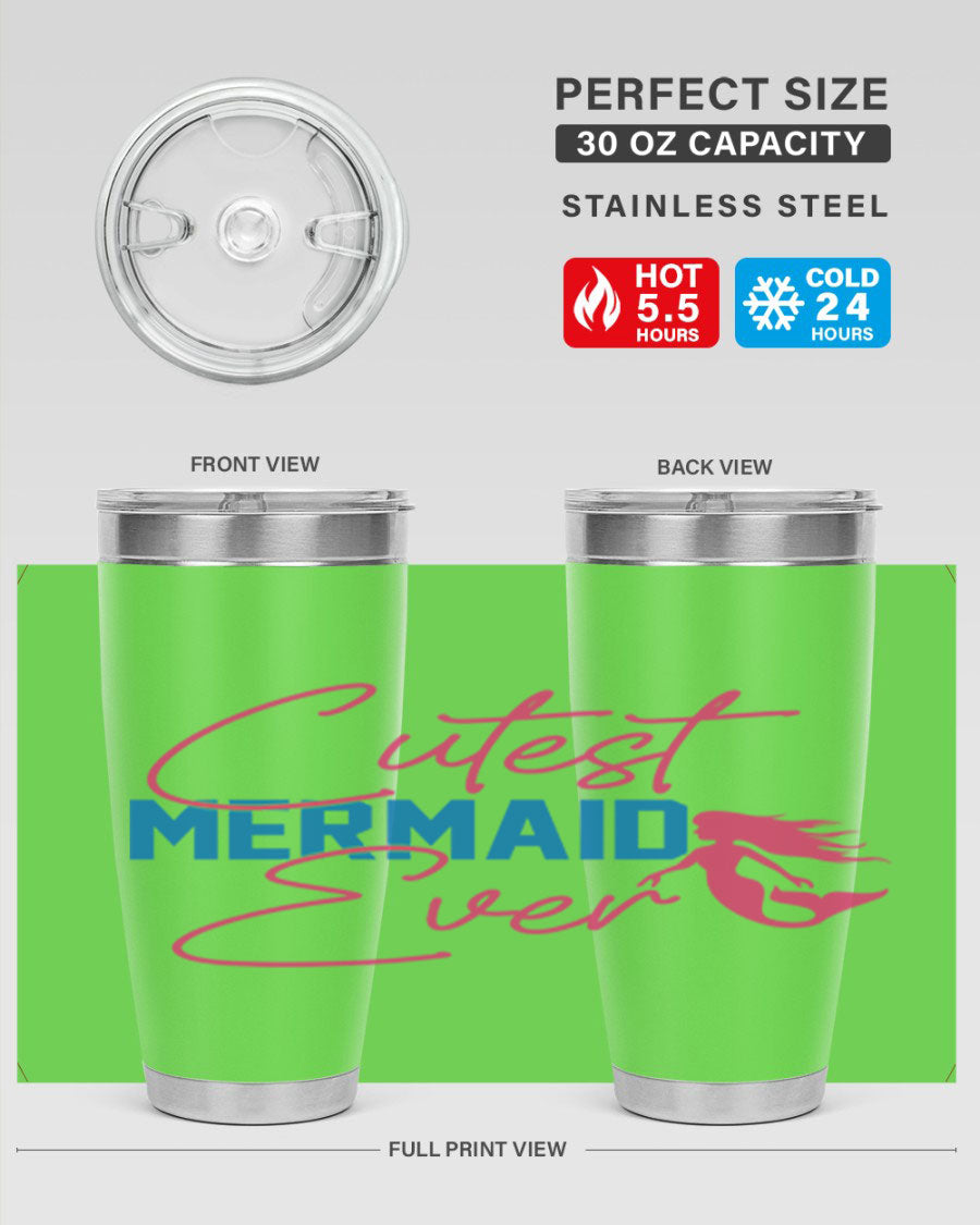 Cutest Mermaid Ever 93# Tumbler featuring a vibrant mermaid design, double wall vacuum insulation, and a press-in lid.