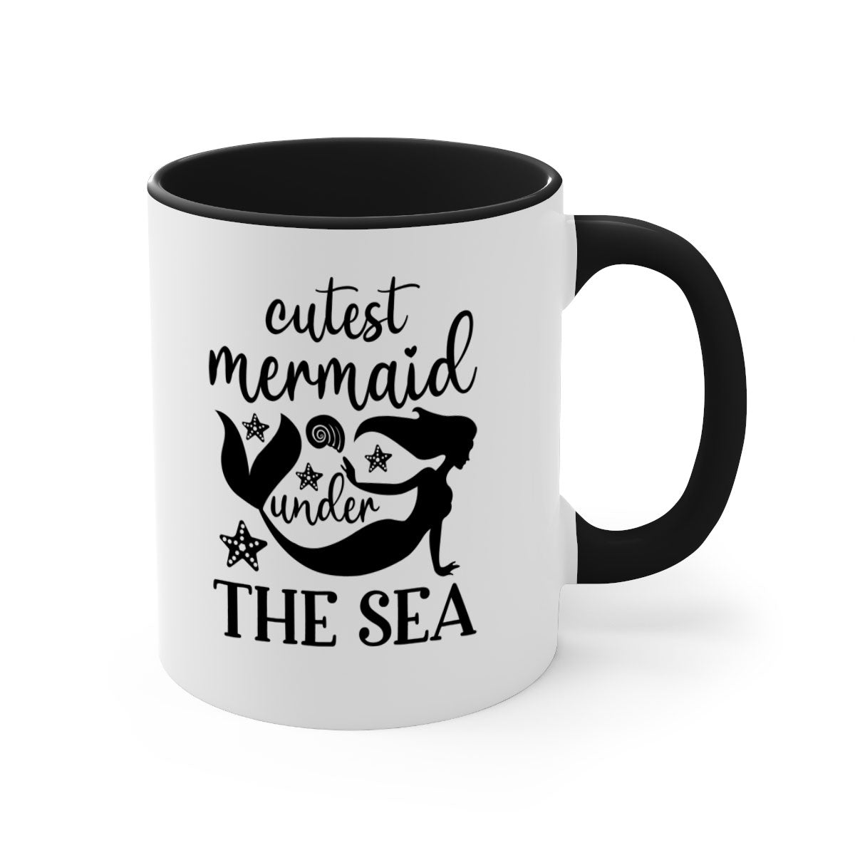 A cute ceramic mug featuring a mermaid design with a glossy finish, available in multiple colors and sizes.