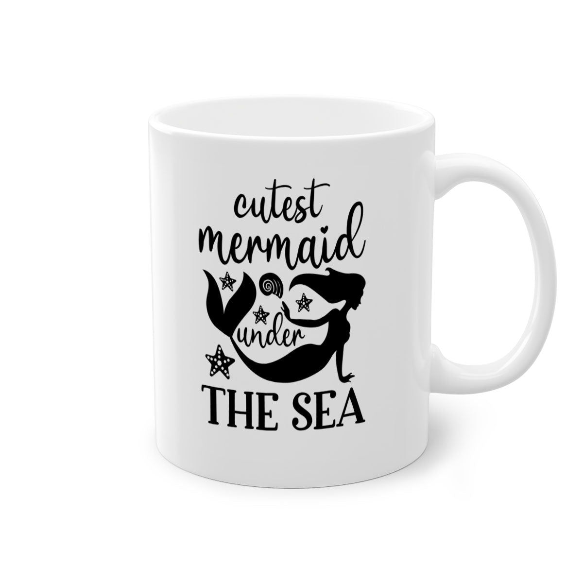 A cute ceramic mug featuring a mermaid design with a glossy finish, available in multiple colors and sizes.