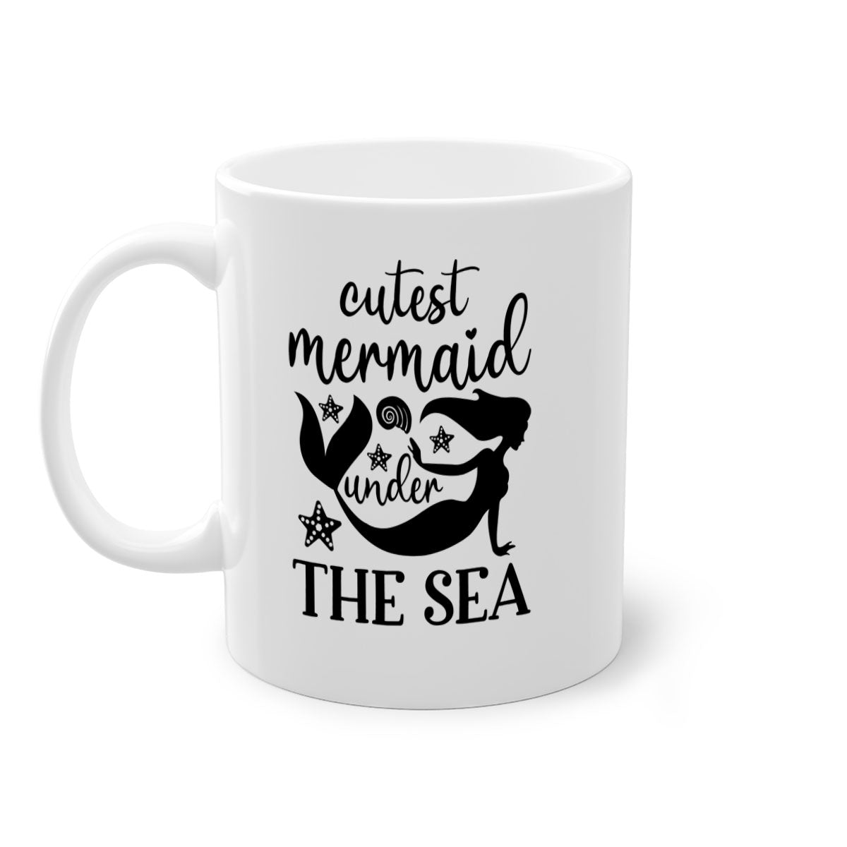 A cute ceramic mug featuring a mermaid design with a glossy finish, available in multiple colors and sizes.