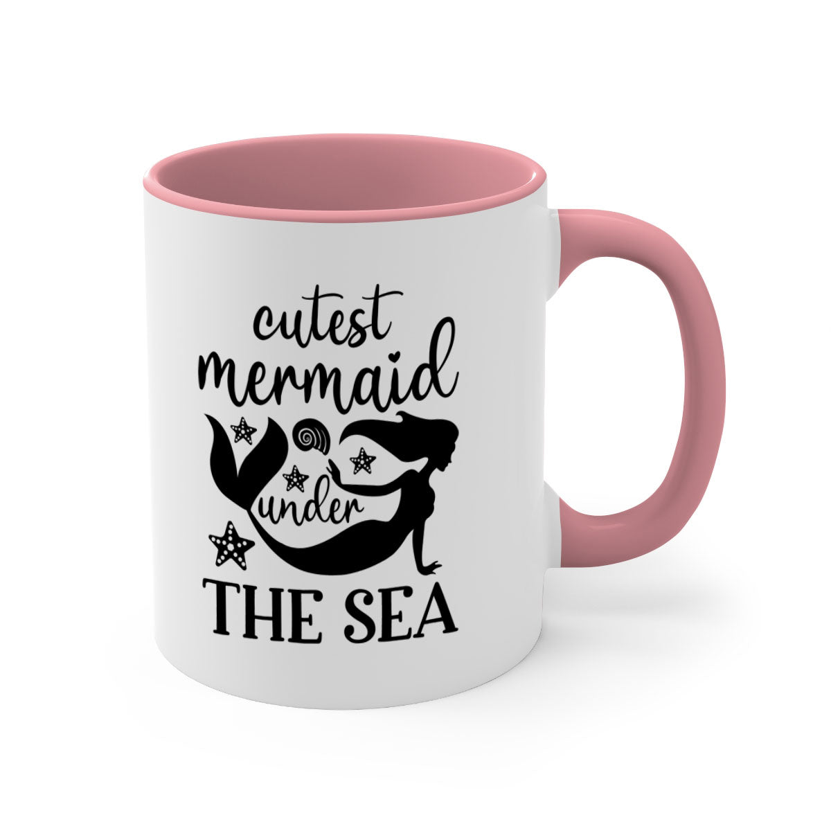 A cute ceramic mug featuring a mermaid design with a glossy finish, available in multiple colors and sizes.