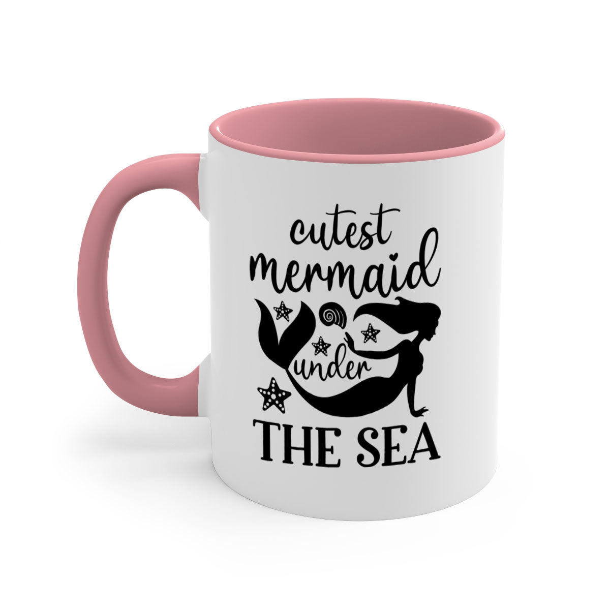 A cute ceramic mug featuring a mermaid design with a glossy finish, available in multiple colors and sizes.