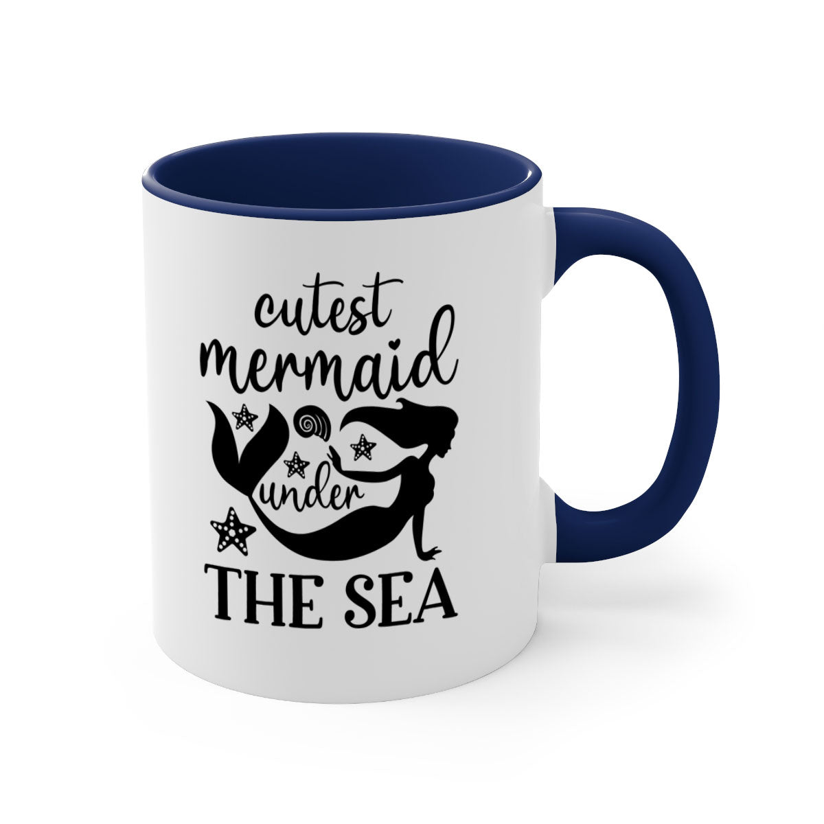 A cute ceramic mug featuring a mermaid design with a glossy finish, available in multiple colors and sizes.