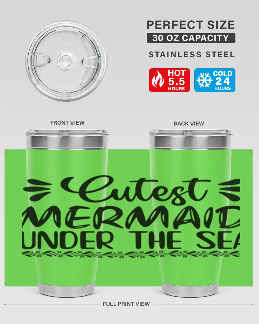 A vibrant 20oz stainless steel tumbler featuring a cute mermaid design, perfect for keeping drinks hot or cold.