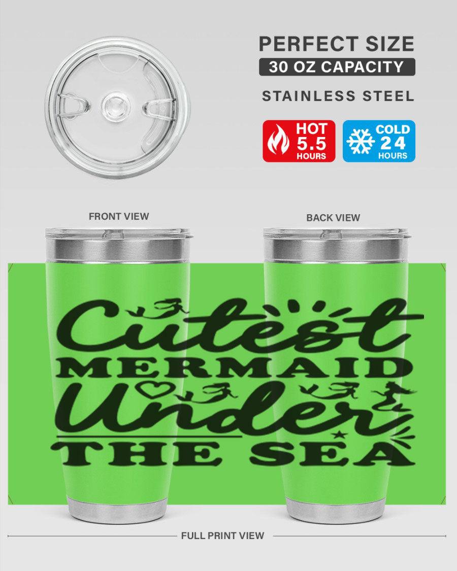 Cutest Mermaid Under the Sea Tumbler featuring a whimsical mermaid design, available in 20oz and 30oz sizes, made from stainless steel.