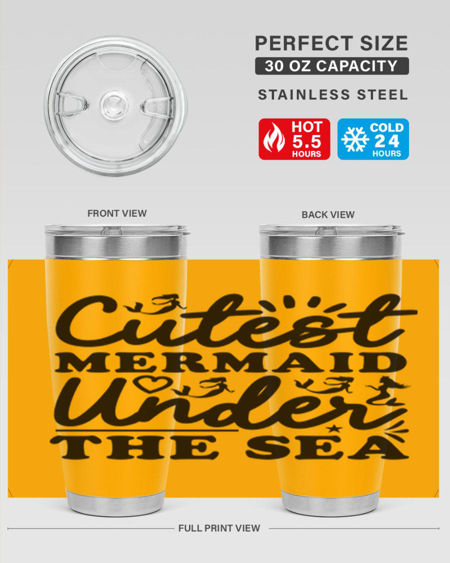 Cutest Mermaid Under the Sea Tumbler featuring a whimsical mermaid design, available in 20oz and 30oz sizes, made from stainless steel.