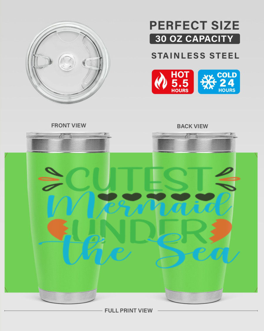 Cutest Mermaid Under The Sea tumbler featuring a vibrant mermaid design, available in 20oz and 30oz sizes, made of stainless steel.