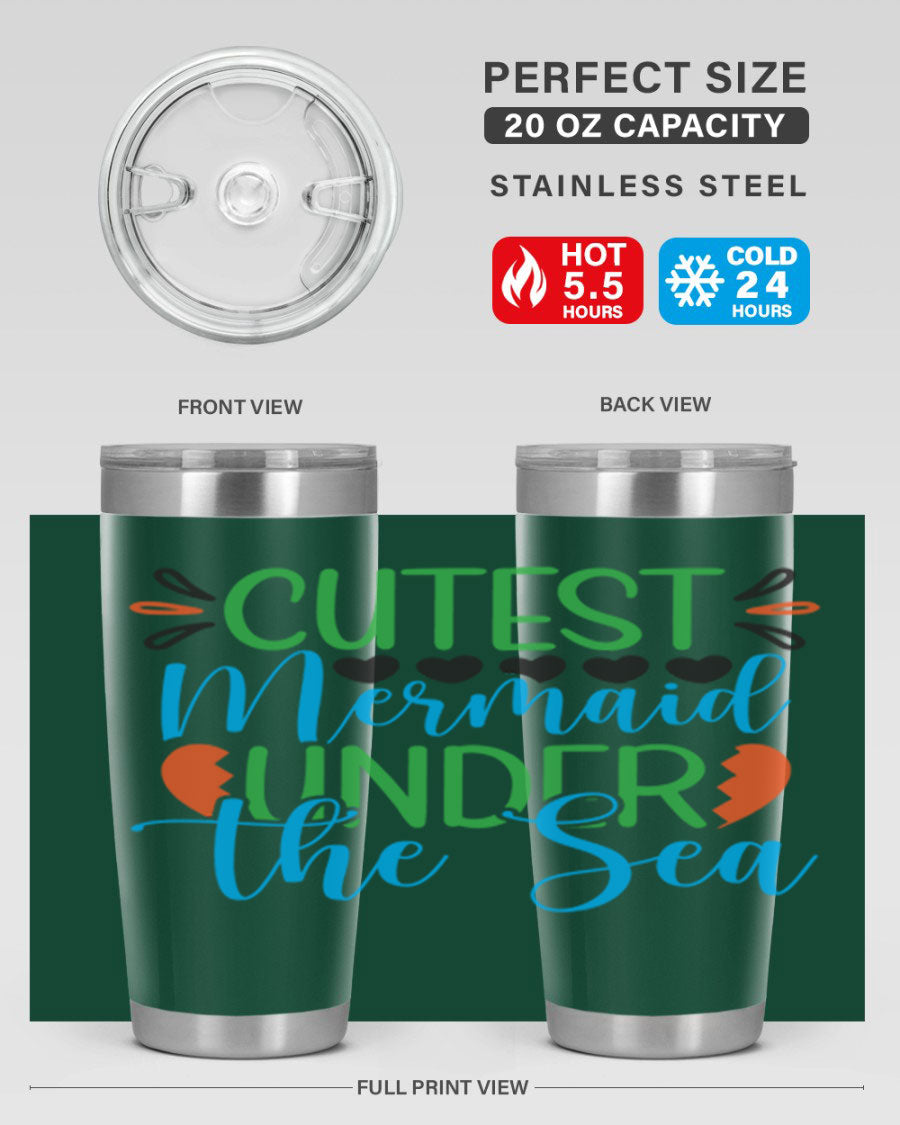 Cutest Mermaid Under The Sea tumbler featuring a vibrant mermaid design, available in 20oz and 30oz sizes, made of stainless steel.