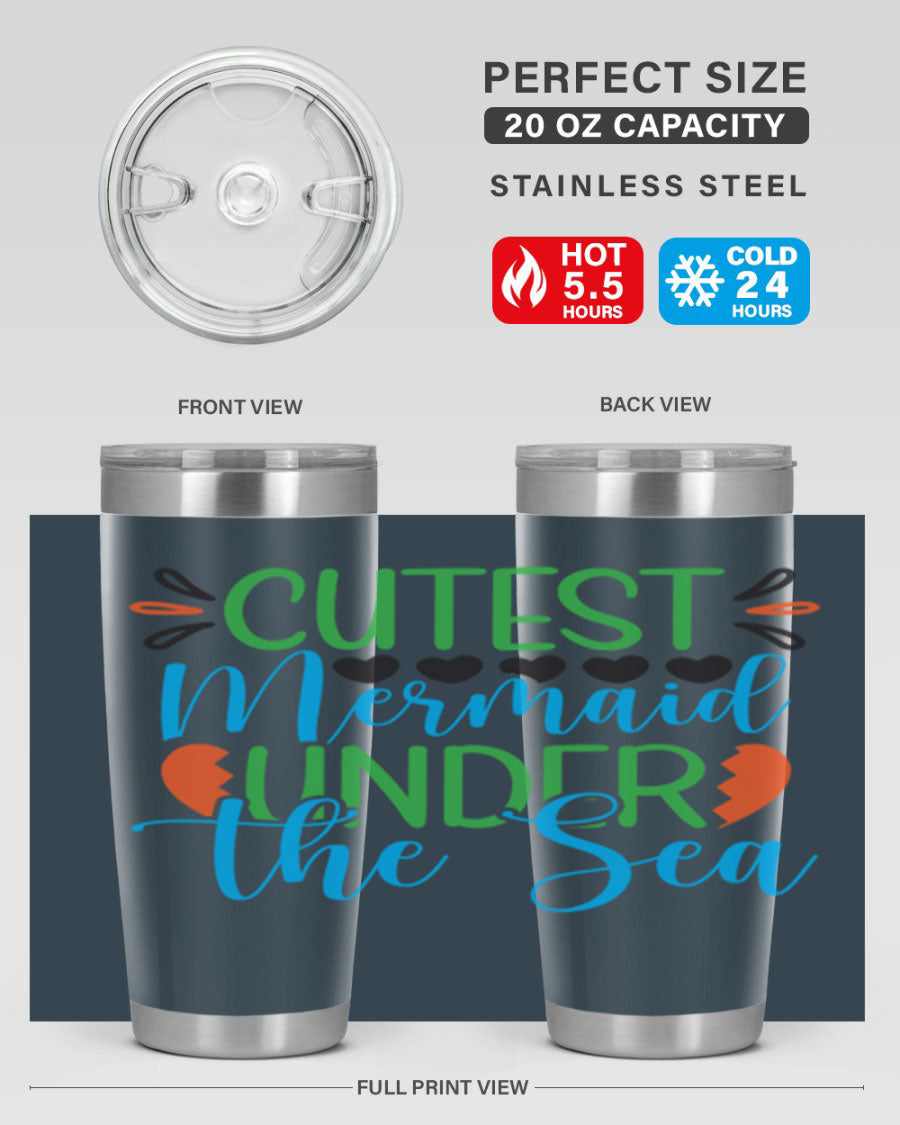 Cutest Mermaid Under The Sea tumbler featuring a vibrant mermaid design, available in 20oz and 30oz sizes, made of stainless steel.
