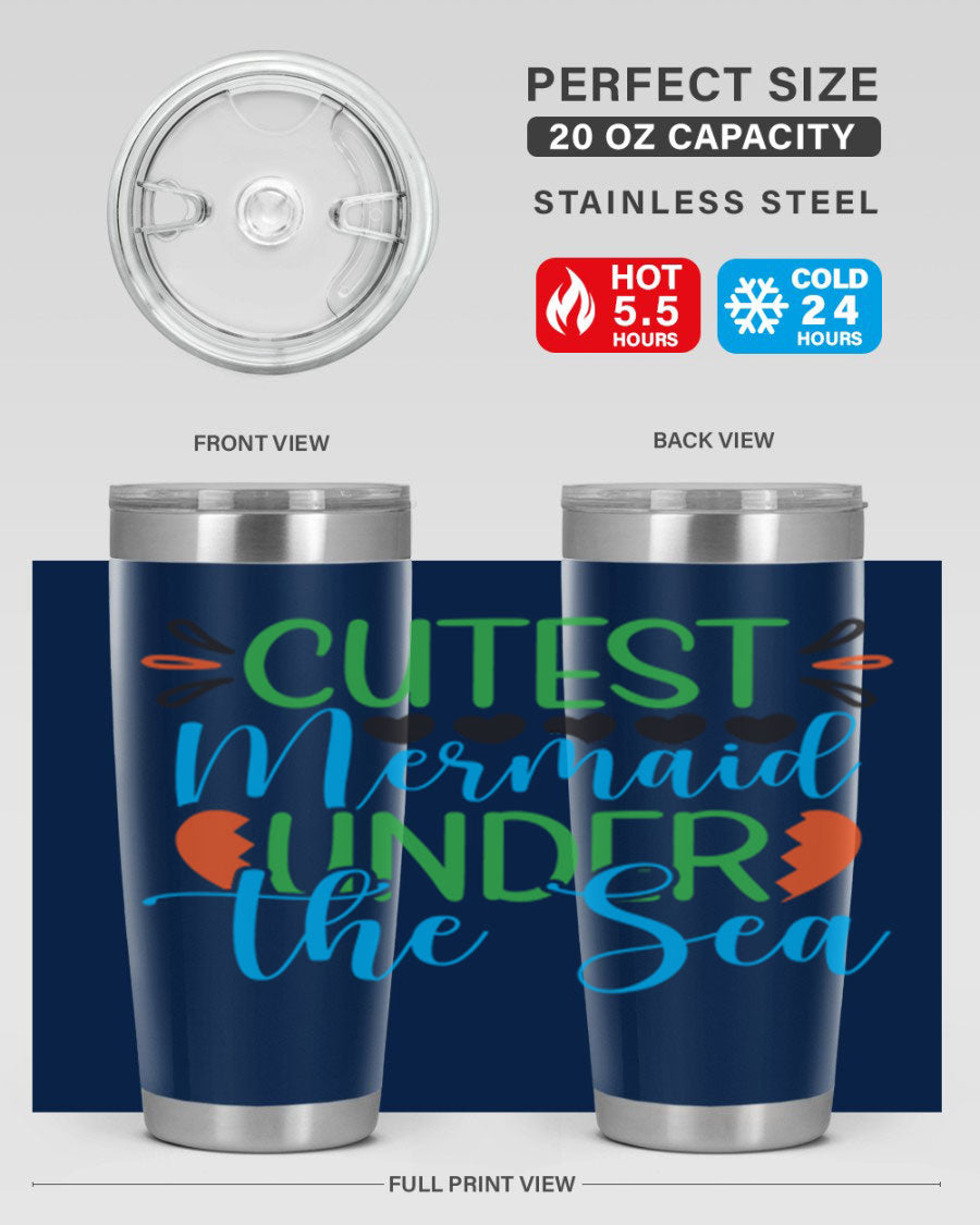 Cutest Mermaid Under The Sea tumbler featuring a vibrant mermaid design, available in 20oz and 30oz sizes, made of stainless steel.