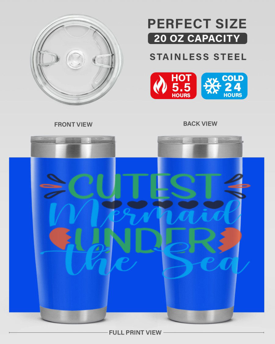 Cutest Mermaid Under The Sea tumbler featuring a vibrant mermaid design, available in 20oz and 30oz sizes, made of stainless steel.