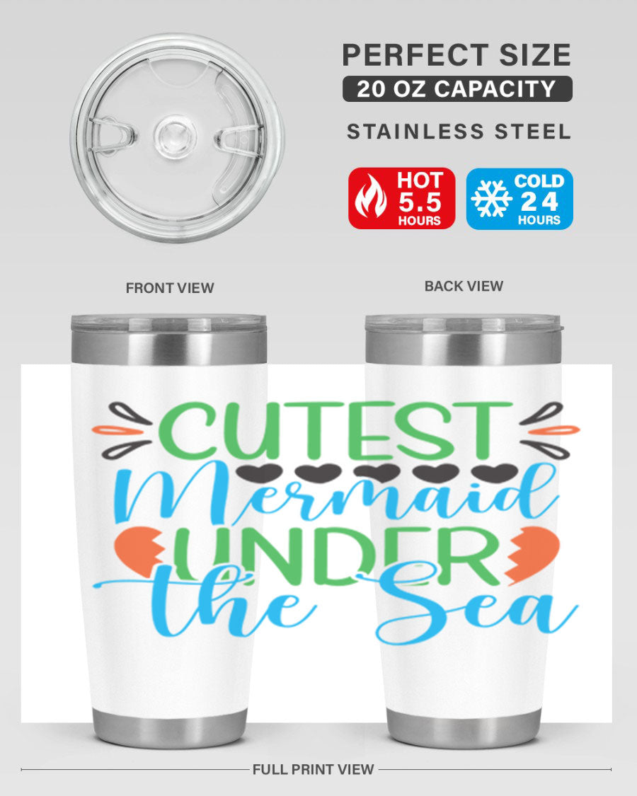 Cutest Mermaid Under The Sea tumbler featuring a vibrant mermaid design, available in 20oz and 30oz sizes, made of stainless steel.