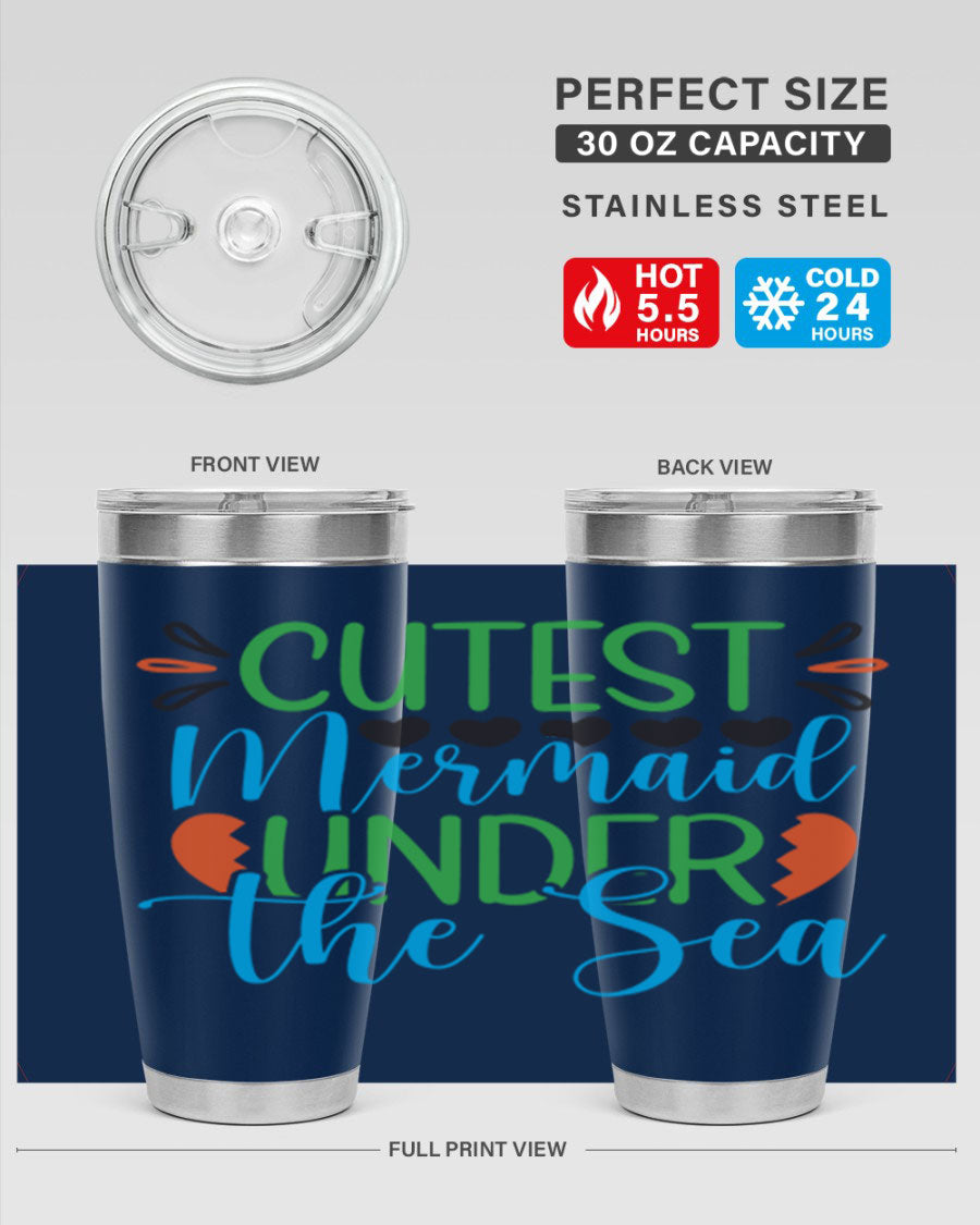 Cutest Mermaid Under The Sea tumbler featuring a vibrant mermaid design, available in 20oz and 30oz sizes, made of stainless steel.