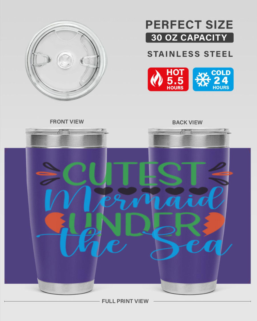 Cutest Mermaid Under The Sea tumbler featuring a vibrant mermaid design, available in 20oz and 30oz sizes, made of stainless steel.