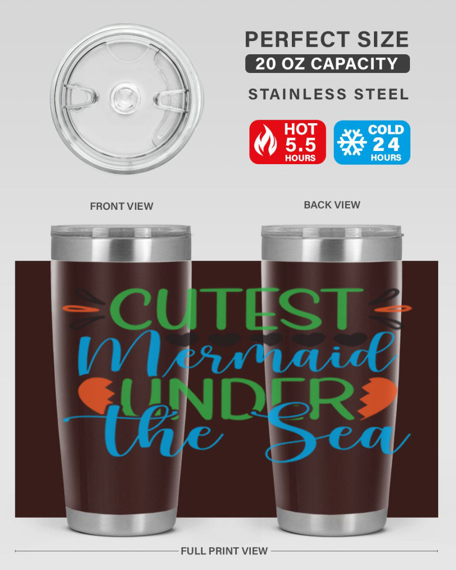 Cutest Mermaid Under The Sea tumbler featuring a vibrant mermaid design, available in 20oz and 30oz sizes, made of stainless steel.