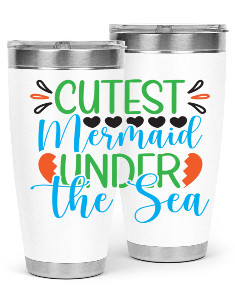 Cutest Mermaid Under The Sea tumbler featuring a vibrant mermaid design, available in 20oz and 30oz sizes, made of stainless steel.