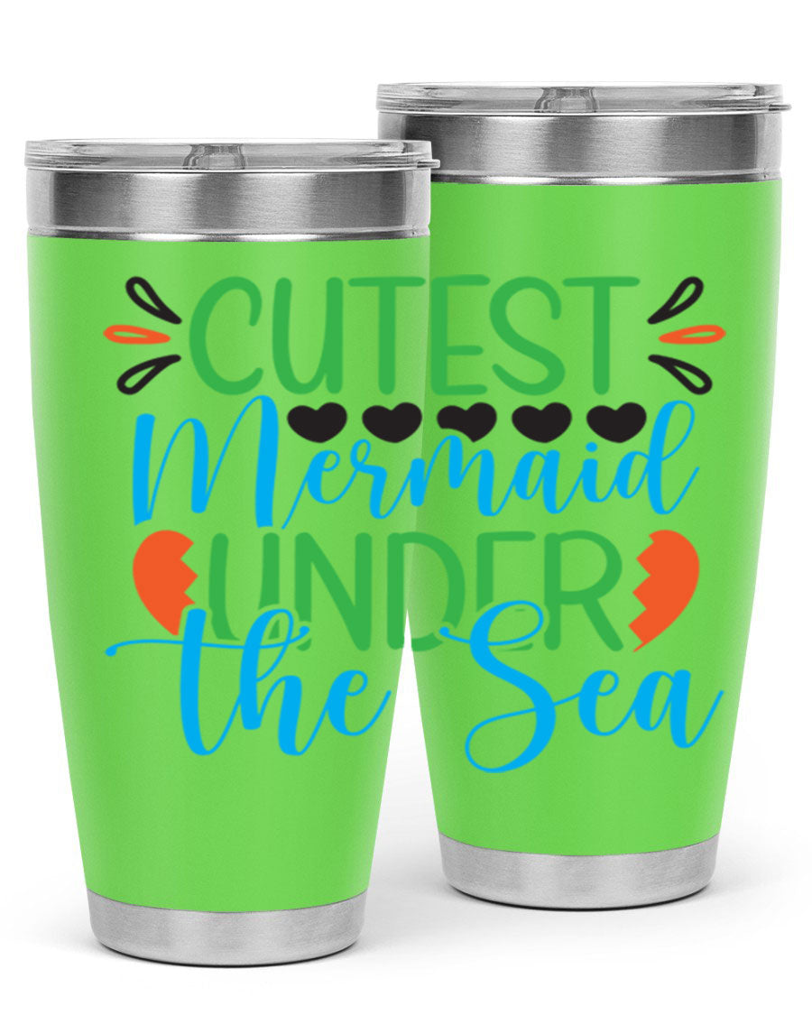 Cutest Mermaid Under The Sea tumbler featuring a vibrant mermaid design, available in 20oz and 30oz sizes, made of stainless steel.