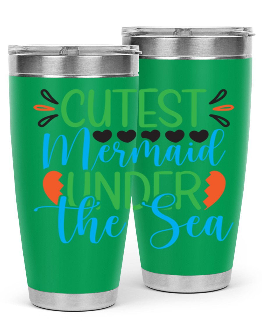 Cutest Mermaid Under The Sea tumbler featuring a vibrant mermaid design, available in 20oz and 30oz sizes, made of stainless steel.