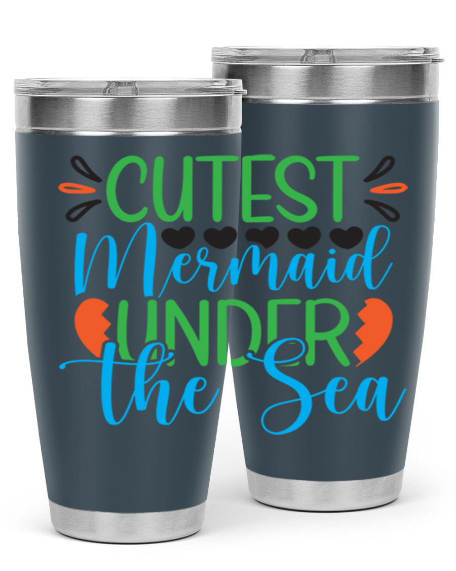 Cutest Mermaid Under The Sea tumbler featuring a vibrant mermaid design, available in 20oz and 30oz sizes, made of stainless steel.