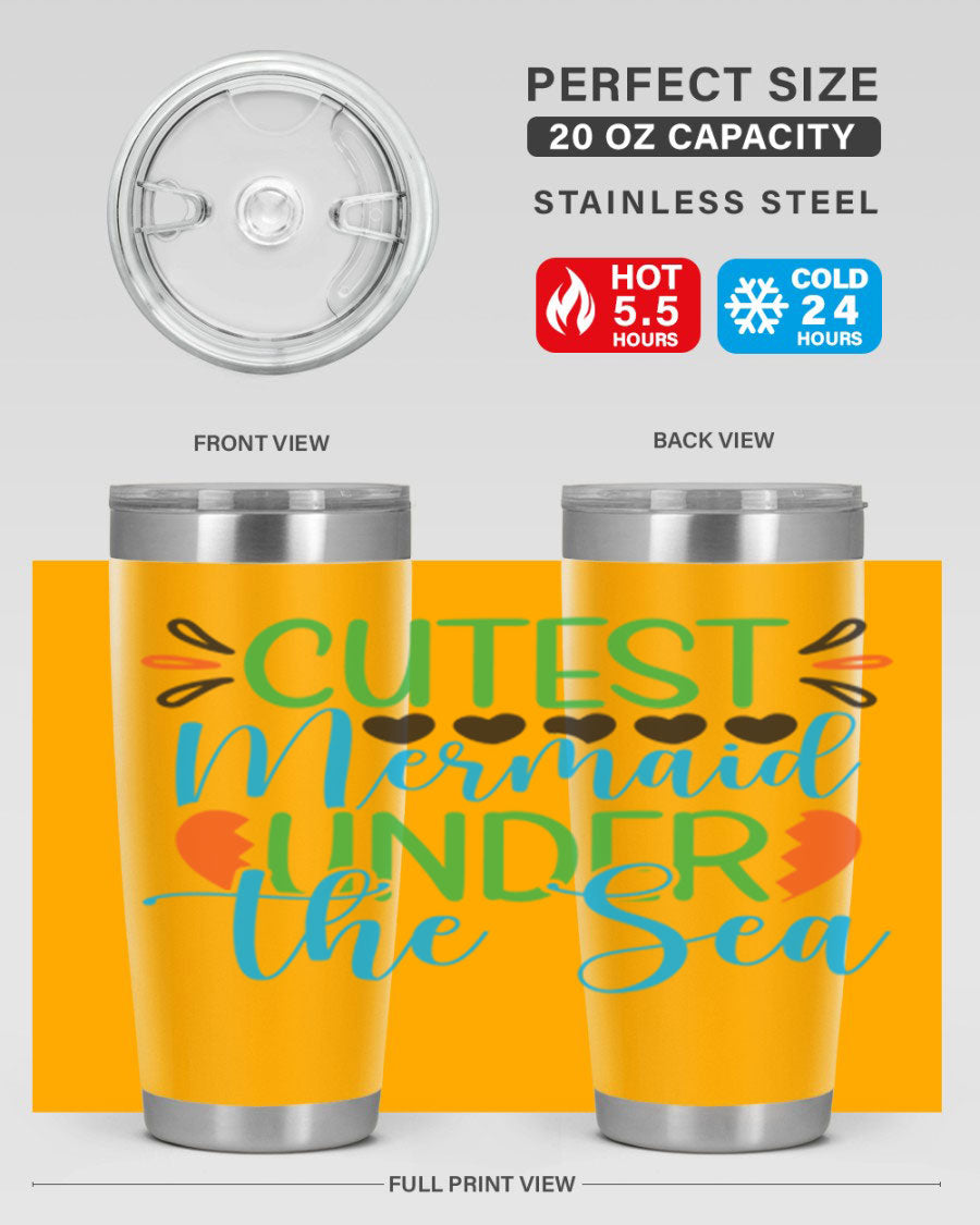 Cutest Mermaid Under The Sea tumbler featuring a vibrant mermaid design, available in 20oz and 30oz sizes, made of stainless steel.