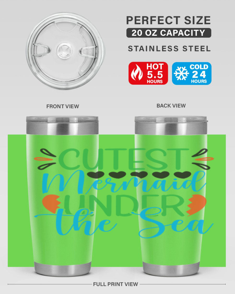 Cutest Mermaid Under The Sea tumbler featuring a vibrant mermaid design, available in 20oz and 30oz sizes, made of stainless steel.
