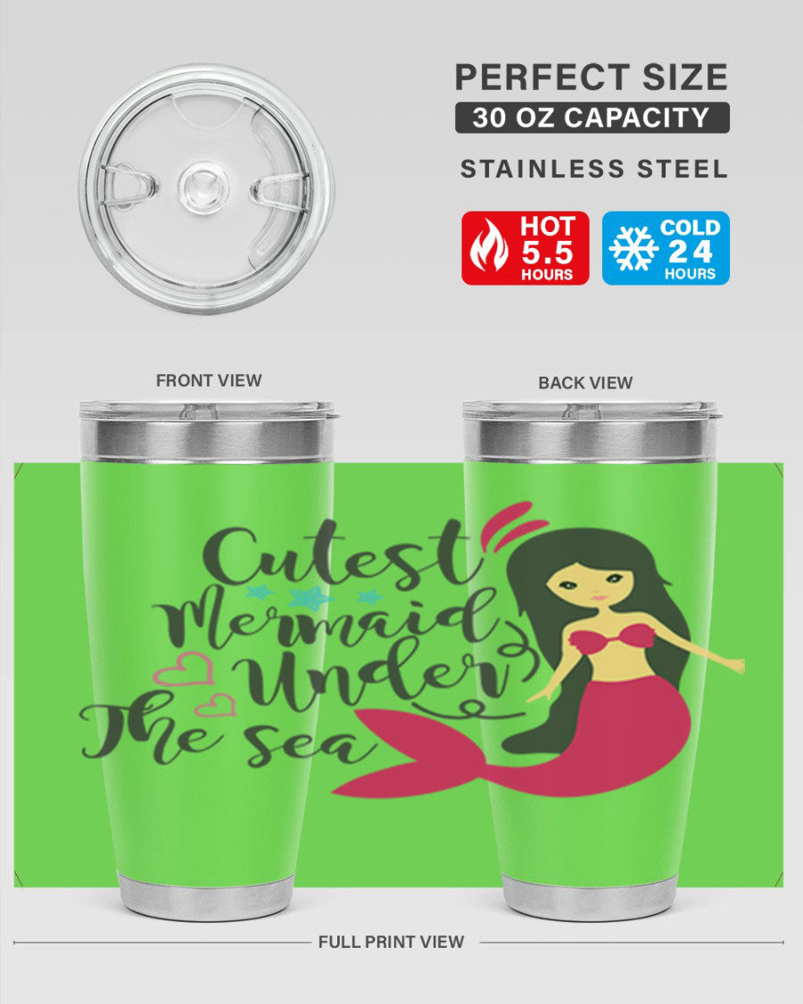 A vibrant 20oz tumbler featuring a cute mermaid design, made of double wall vacuum stainless steel with a drink-thru lid.