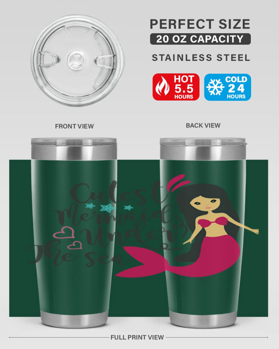 A vibrant 20oz tumbler featuring a cute mermaid design, made of double wall vacuum stainless steel with a drink-thru lid.