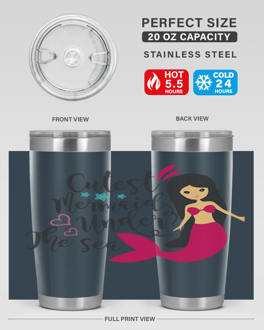 A vibrant 20oz tumbler featuring a cute mermaid design, made of double wall vacuum stainless steel with a drink-thru lid.