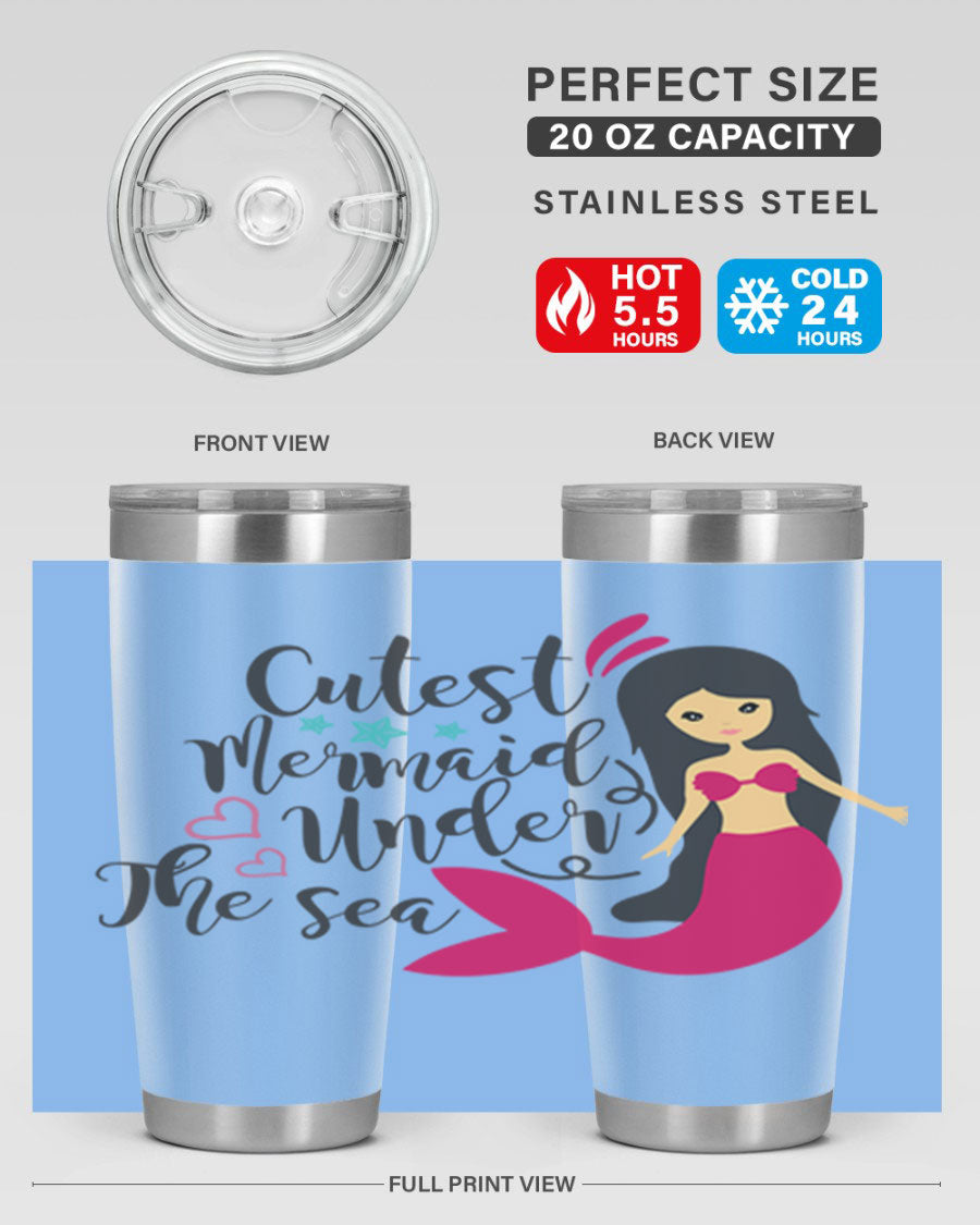A vibrant 20oz tumbler featuring a cute mermaid design, made of double wall vacuum stainless steel with a drink-thru lid.