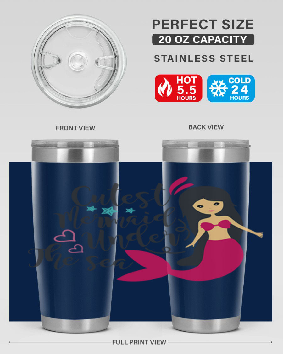 A vibrant 20oz tumbler featuring a cute mermaid design, made of double wall vacuum stainless steel with a drink-thru lid.