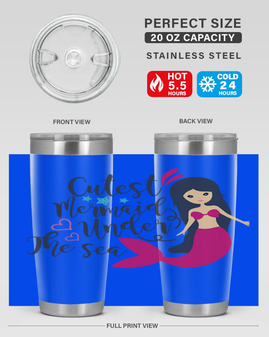 A vibrant 20oz tumbler featuring a cute mermaid design, made of double wall vacuum stainless steel with a drink-thru lid.