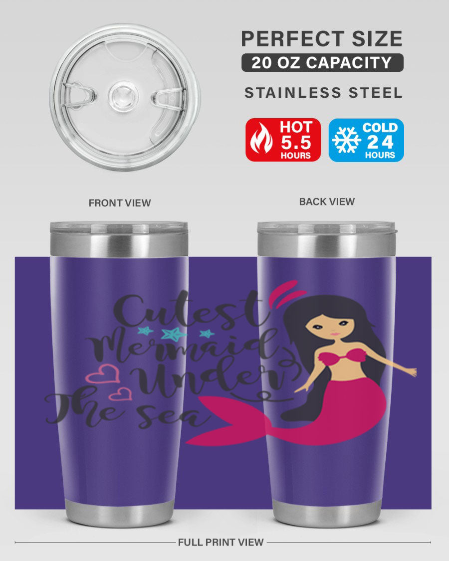 A vibrant 20oz tumbler featuring a cute mermaid design, made of double wall vacuum stainless steel with a drink-thru lid.