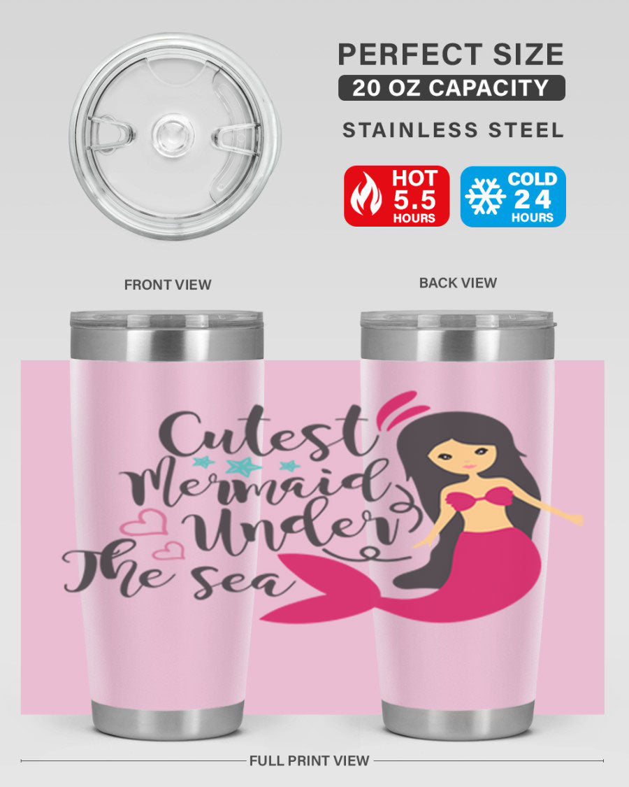 A vibrant 20oz tumbler featuring a cute mermaid design, made of double wall vacuum stainless steel with a drink-thru lid.