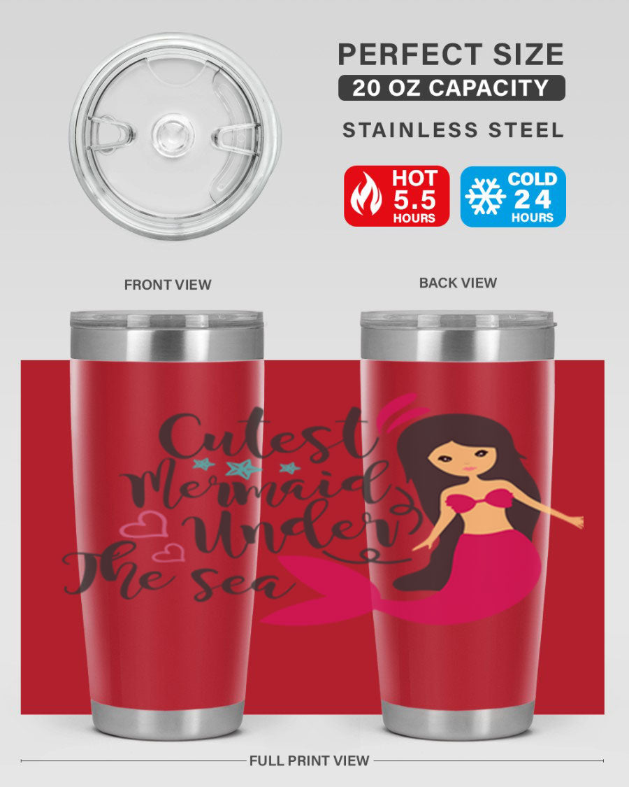 A vibrant 20oz tumbler featuring a cute mermaid design, made of double wall vacuum stainless steel with a drink-thru lid.