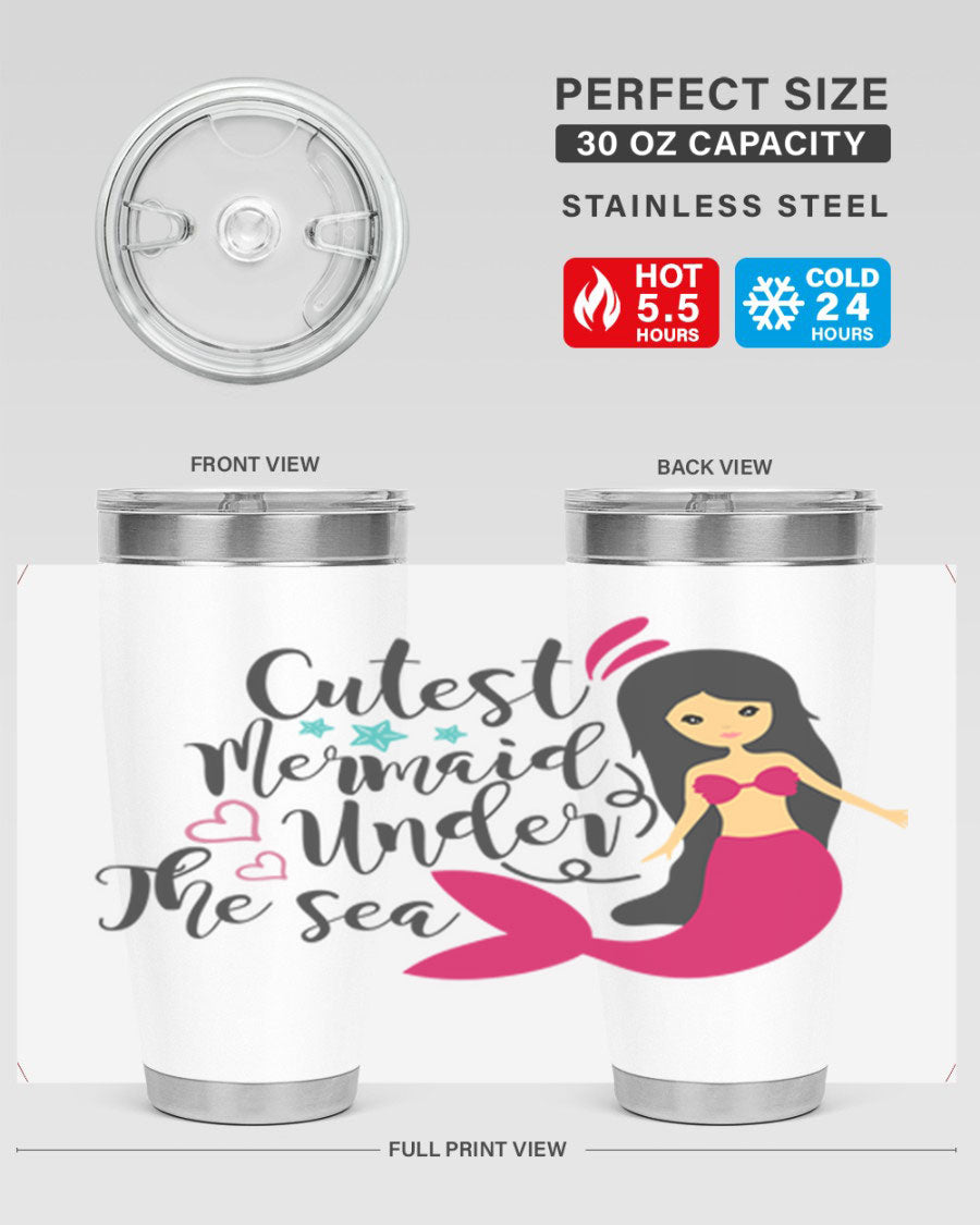 A vibrant 20oz tumbler featuring a cute mermaid design, made of double wall vacuum stainless steel with a drink-thru lid.