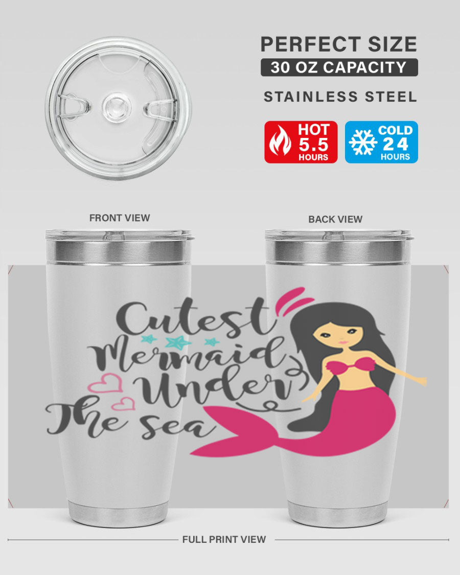 A vibrant 20oz tumbler featuring a cute mermaid design, made of double wall vacuum stainless steel with a drink-thru lid.