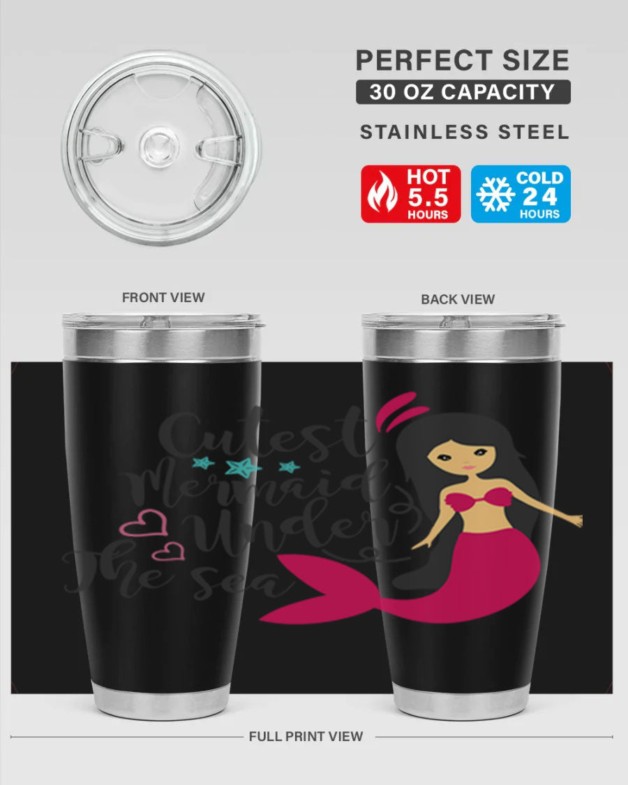 A vibrant 20oz tumbler featuring a cute mermaid design, made of double wall vacuum stainless steel with a drink-thru lid.