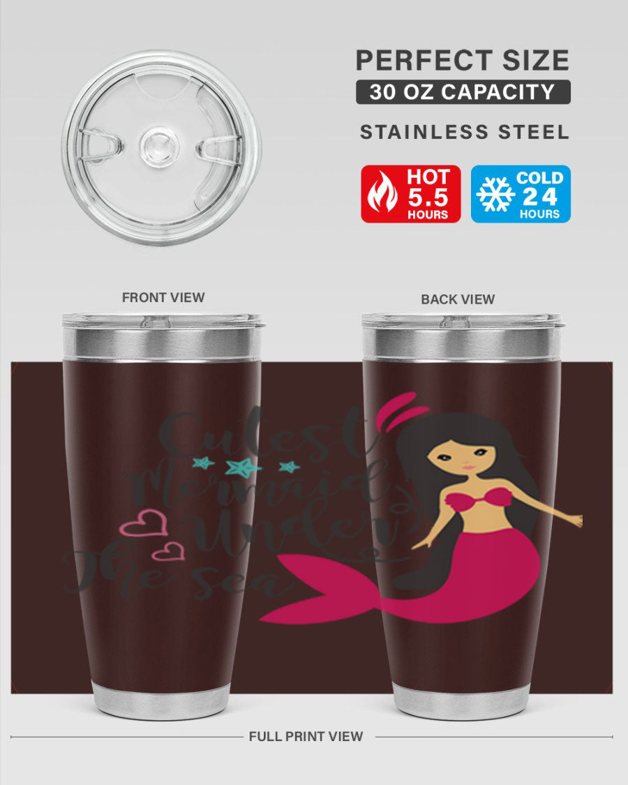 A vibrant 20oz tumbler featuring a cute mermaid design, made of double wall vacuum stainless steel with a drink-thru lid.
