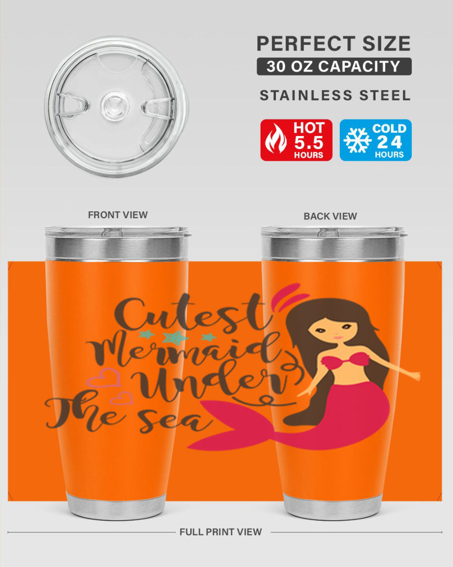 A vibrant 20oz tumbler featuring a cute mermaid design, made of double wall vacuum stainless steel with a drink-thru lid.