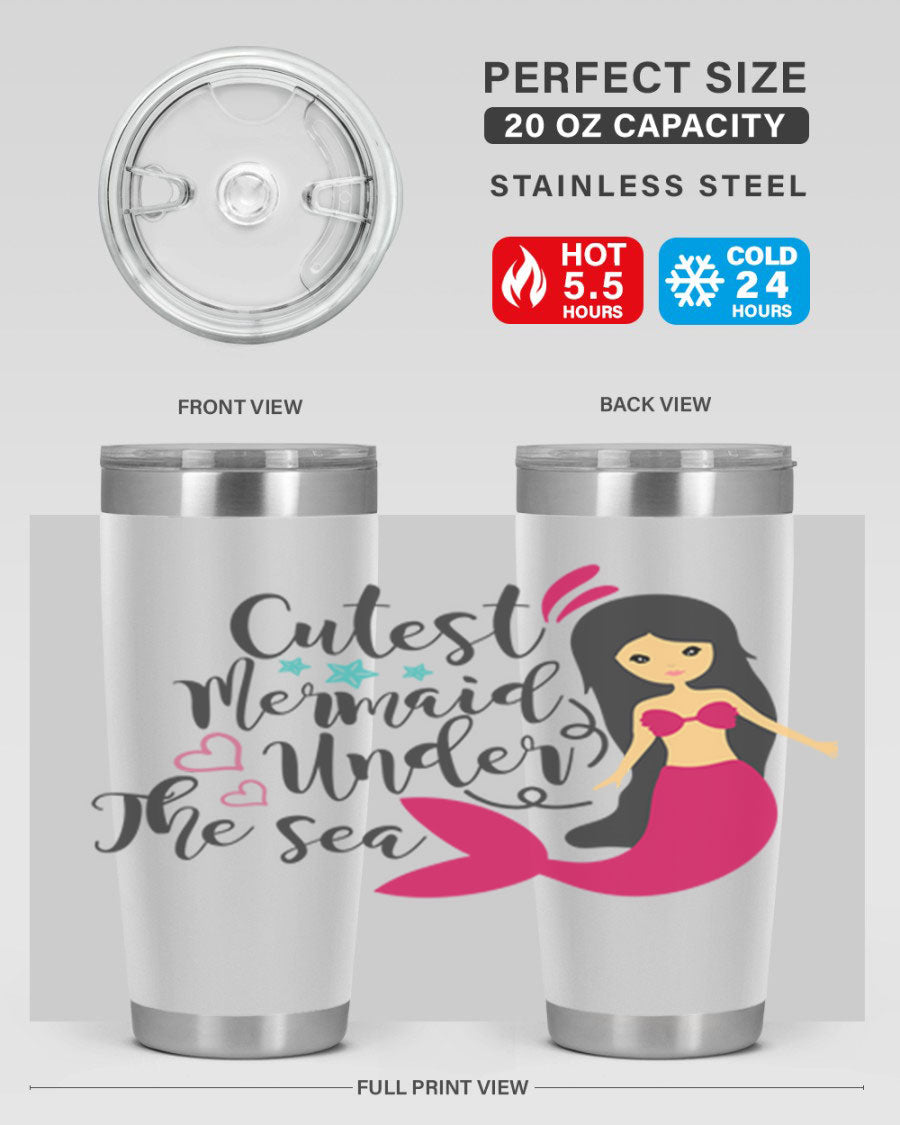 A vibrant 20oz tumbler featuring a cute mermaid design, made of double wall vacuum stainless steel with a drink-thru lid.