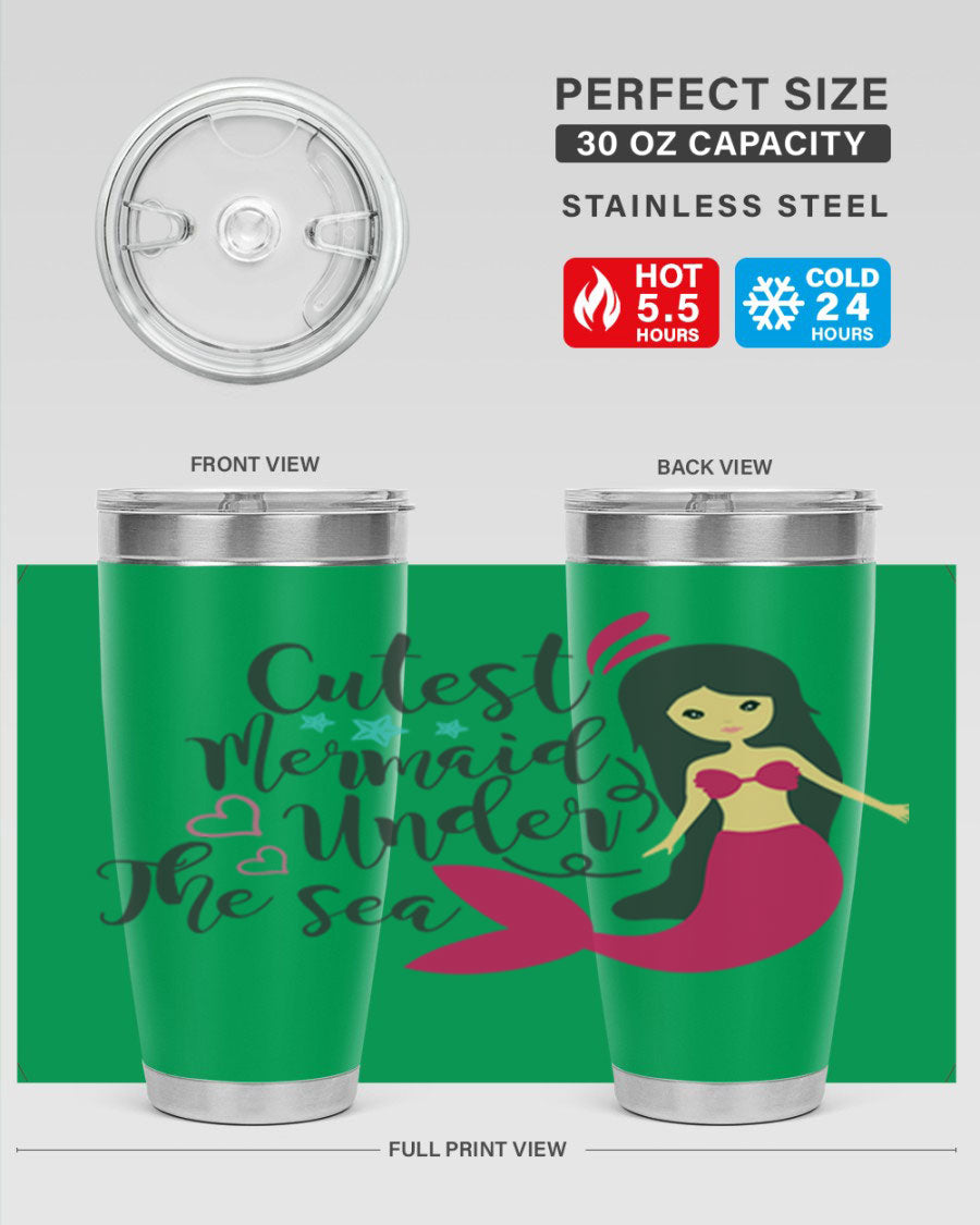 A vibrant 20oz tumbler featuring a cute mermaid design, made of double wall vacuum stainless steel with a drink-thru lid.