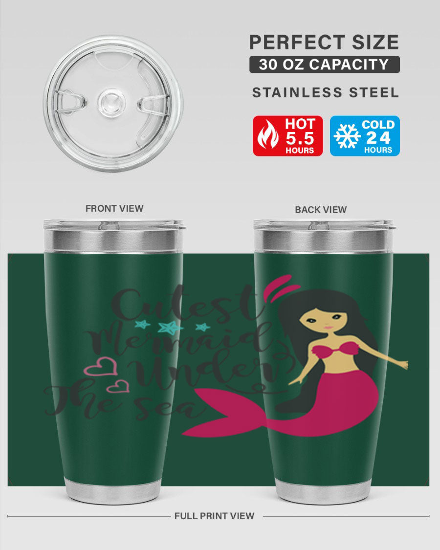 A vibrant 20oz tumbler featuring a cute mermaid design, made of double wall vacuum stainless steel with a drink-thru lid.