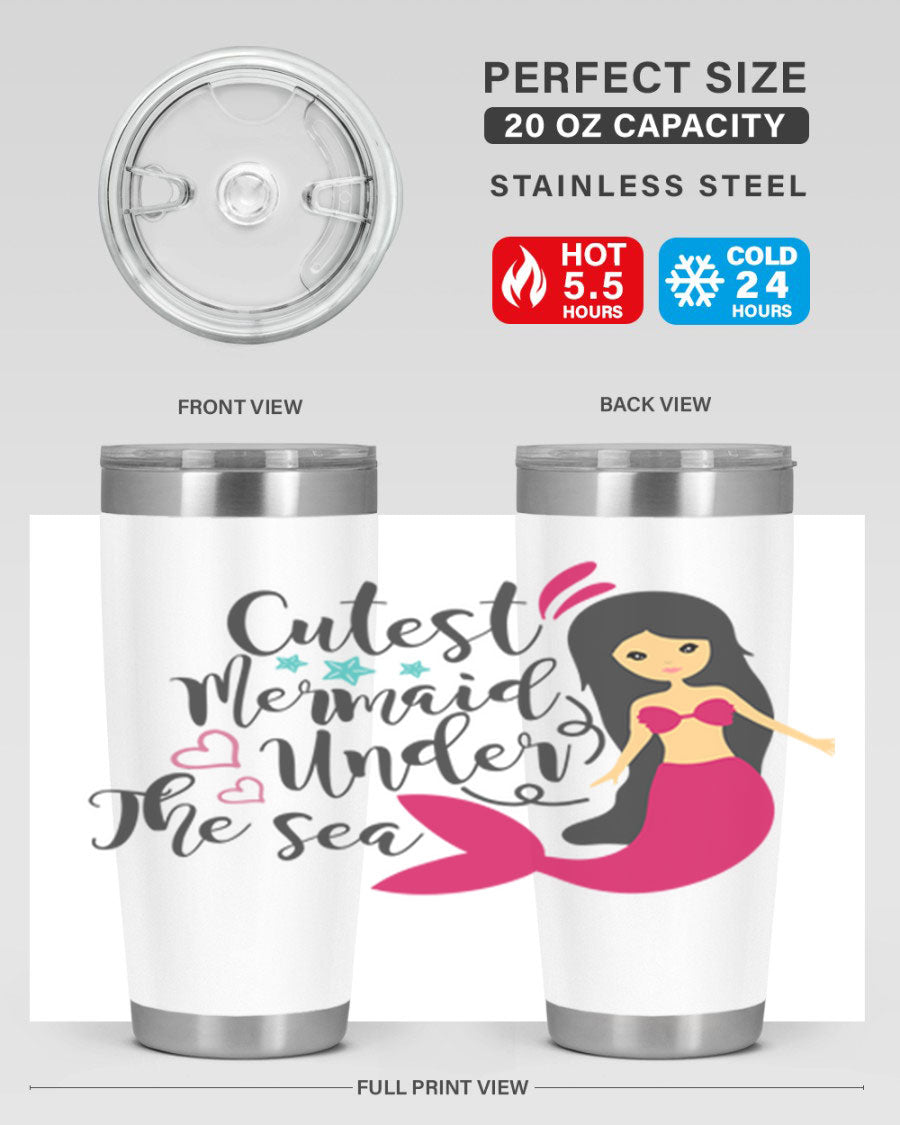 A vibrant 20oz tumbler featuring a cute mermaid design, made of double wall vacuum stainless steel with a drink-thru lid.